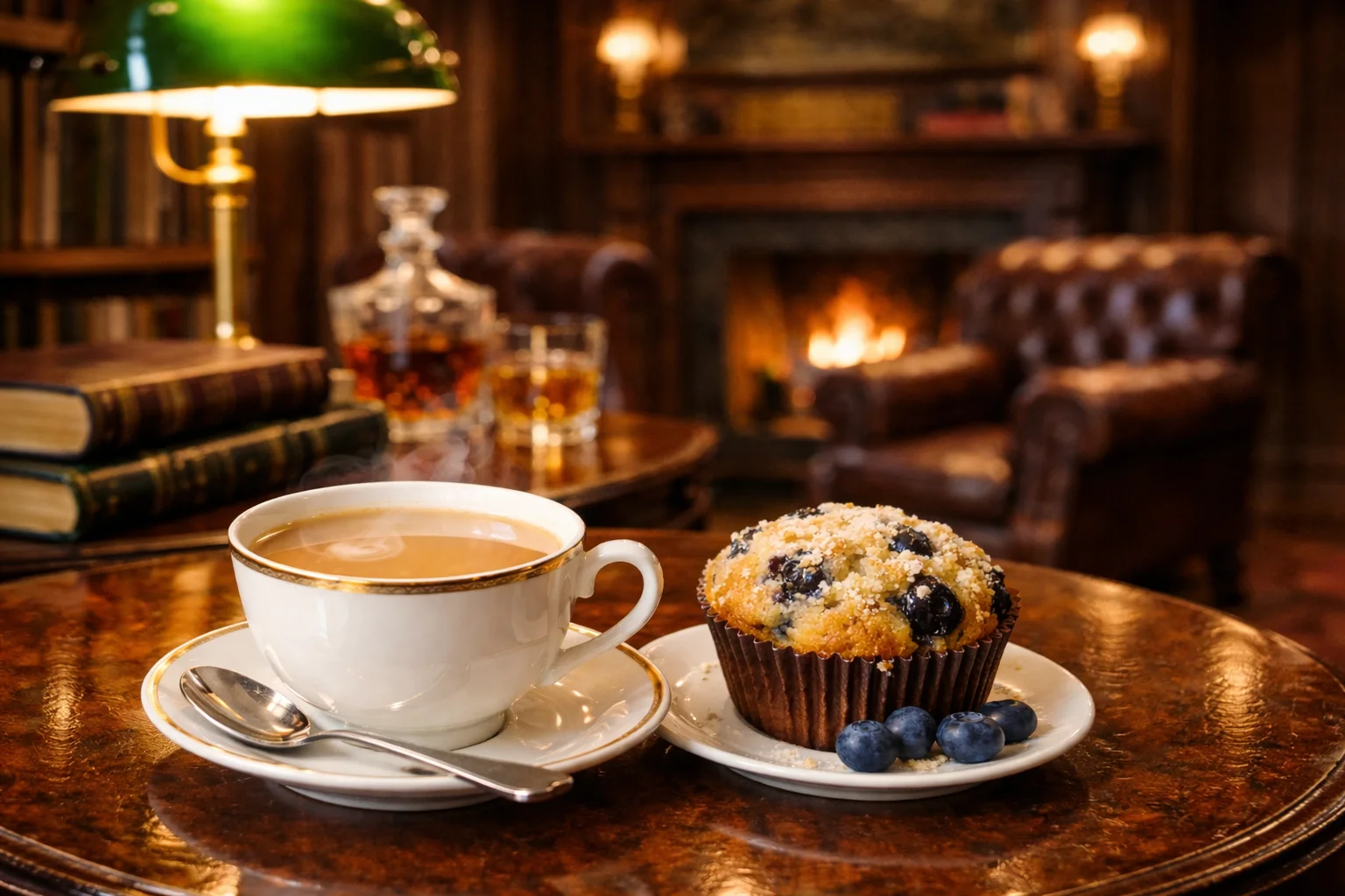 A cup of tea and a blueberry muffin